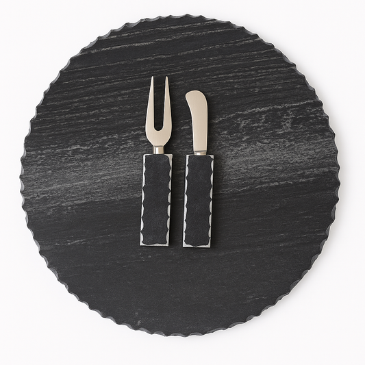 Service d'assiettes Palace (noir et blanc) – Plateau à fromage rond en marbre avec ustensiles