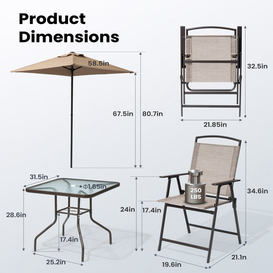 Ensemble de patio Pellebant 6 pièces avec table, parasol et 4 chaises pliantes - 22,4 L x 26,8 P x 34,4 H