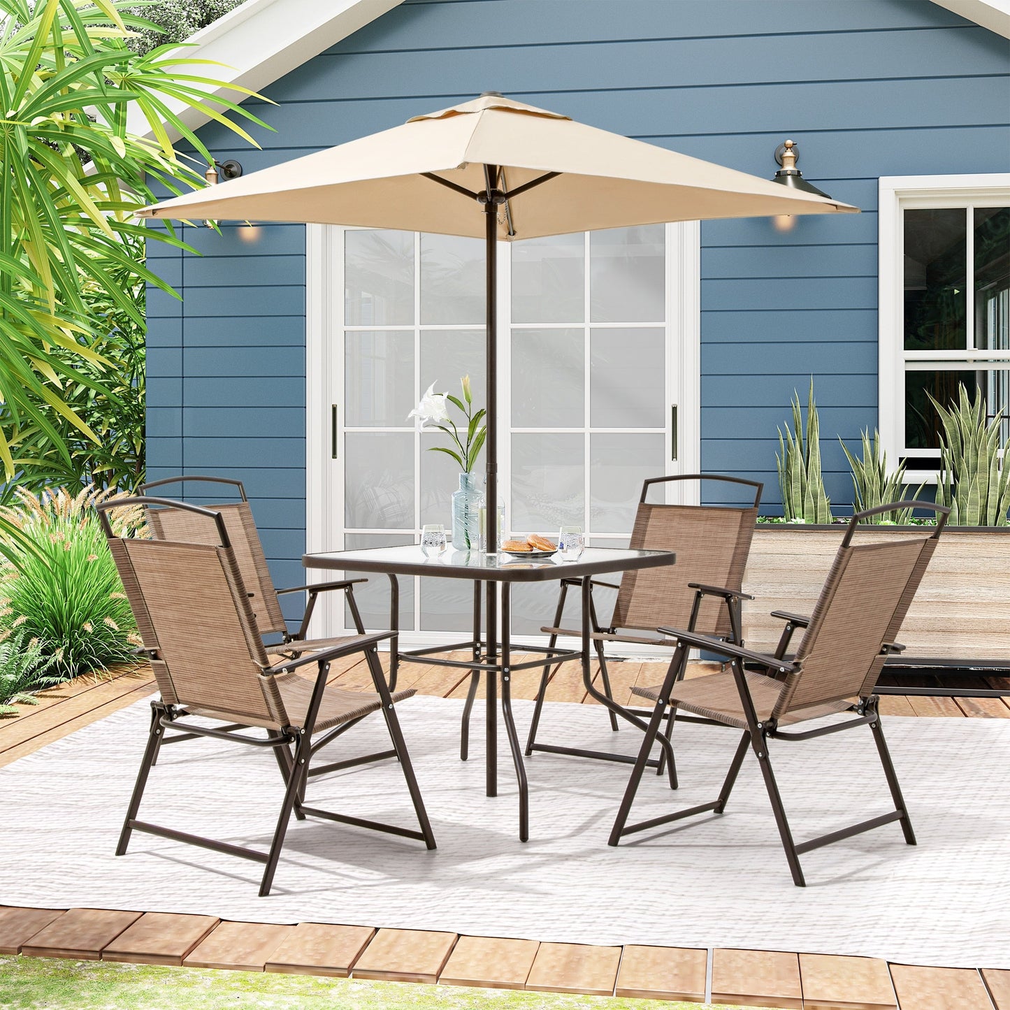 Ensemble de patio Pellebant 6 pièces avec table, parasol et 4 chaises pliantes - 22,4 L x 26,8 P x 34,4 H