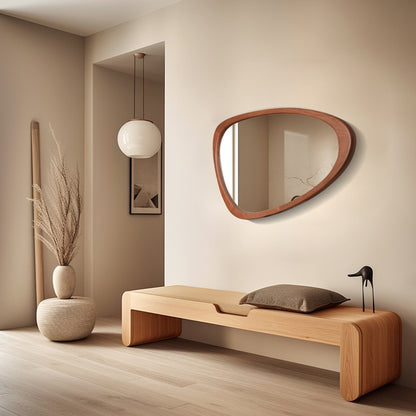 Miroir mural asymétrique en forme de pavé avec cadre en pin