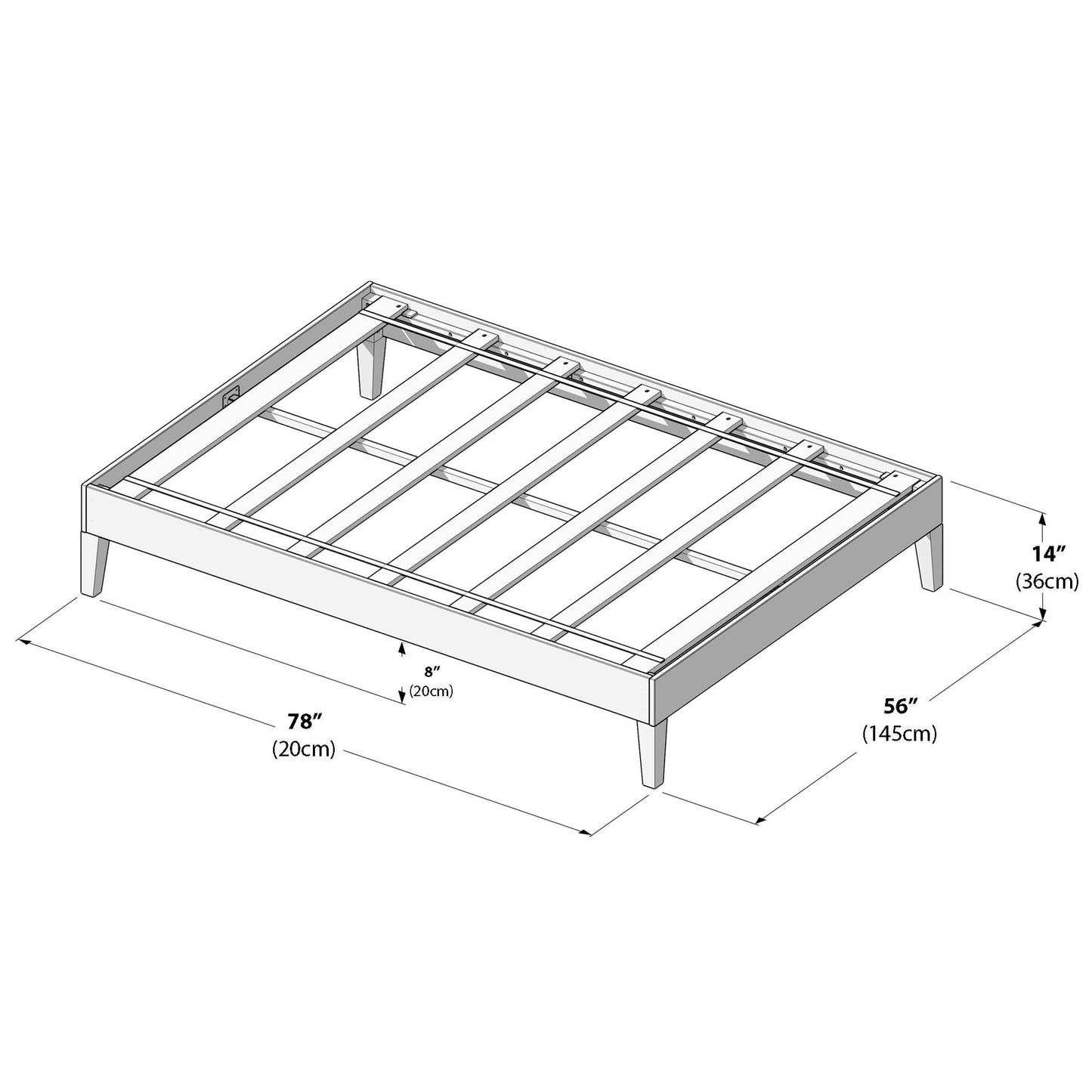 Lit plateforme pleine grandeur en planches et poutres