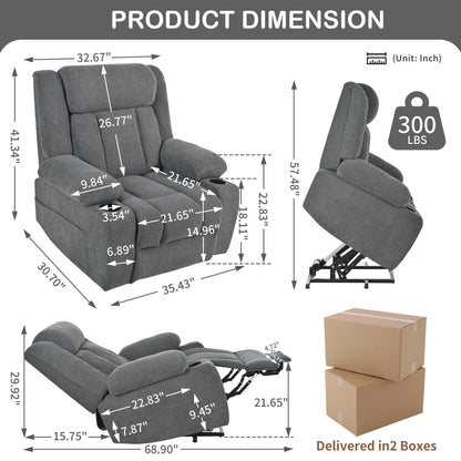 Fauteuil releveur électrique pour personnes âgées, en tissu, avec repose-pieds allongé, 2 porte-gobelets, poches latérales et télécommande.