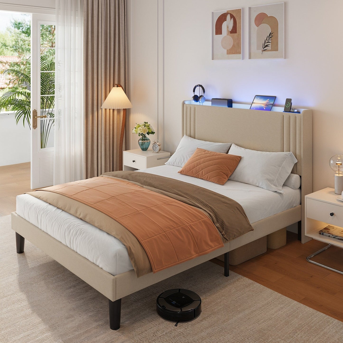 Lit Queen/Full rembourré à canaux verticaux avec tête de lit à oreilles