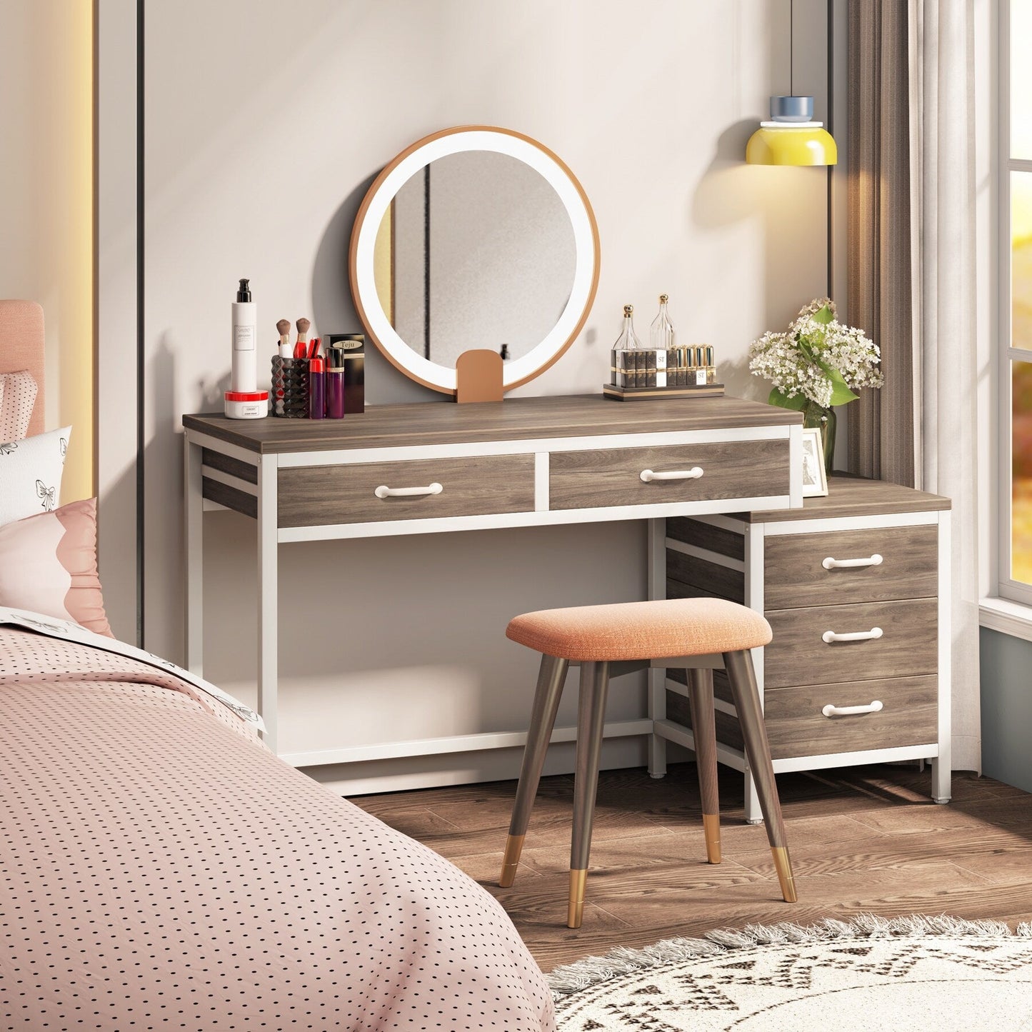 Bureau d'ordinateur réversible avec 5 tiroirs, bureau à domicile avec classeur, tiroir et support d'imprimante