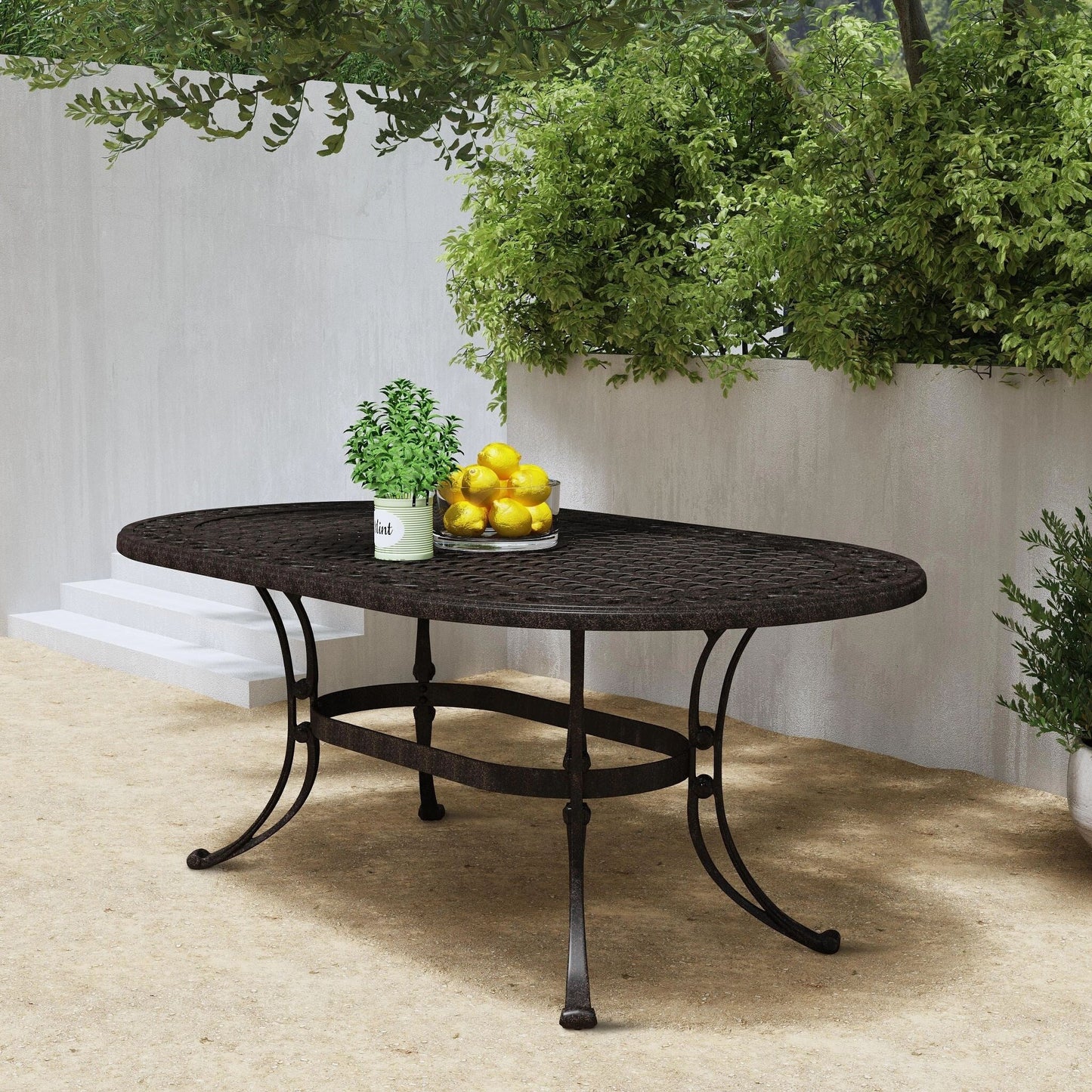 Ensemble de salle à manger d'extérieur en aluminium bronze Sanibel 7 pièces avec table à manger ovale de 72 pouces et six fauteuils par Homestyles