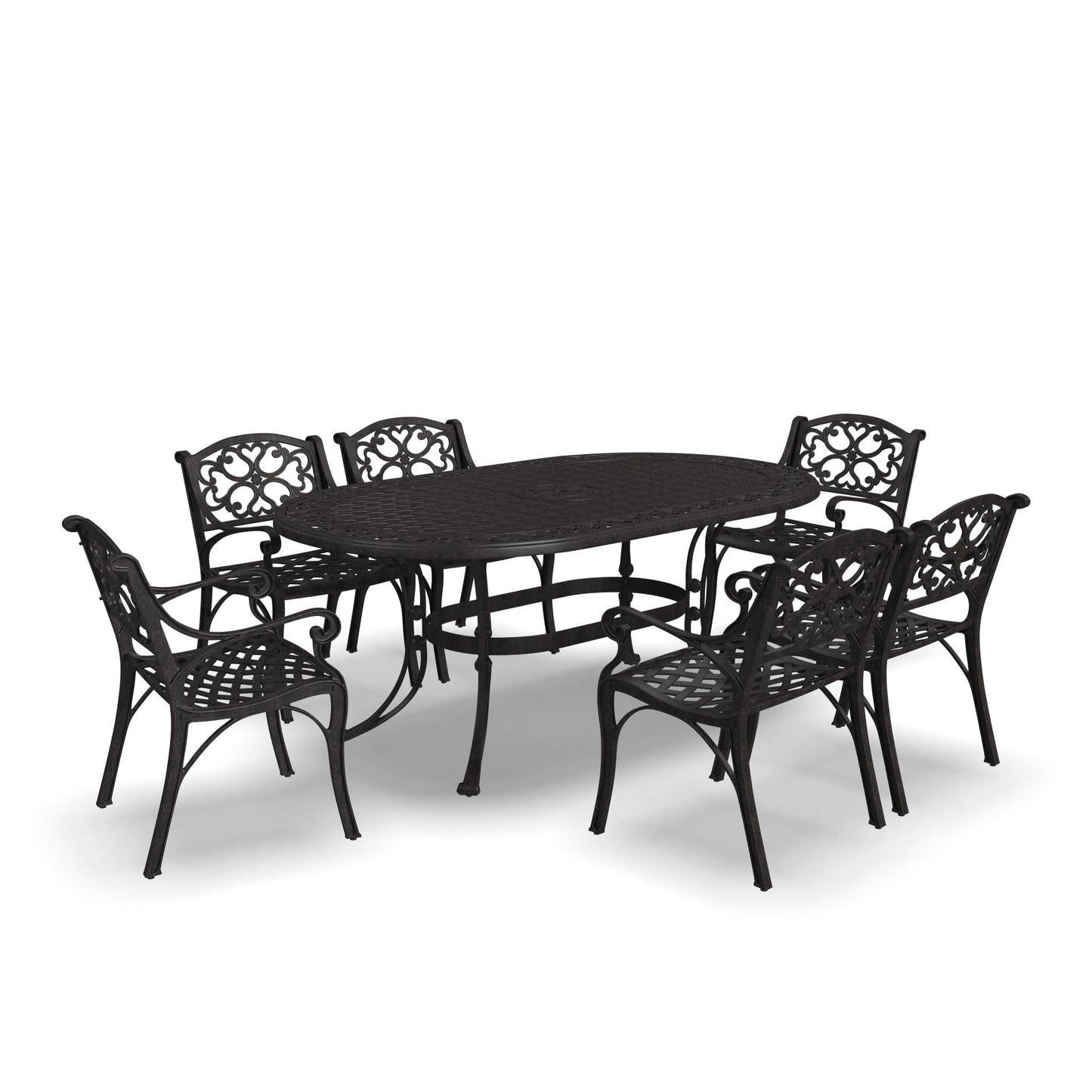 Ensemble de salle à manger d'extérieur en aluminium bronze Sanibel 7 pièces avec table à manger ovale de 72 pouces et six fauteuils par Homestyles