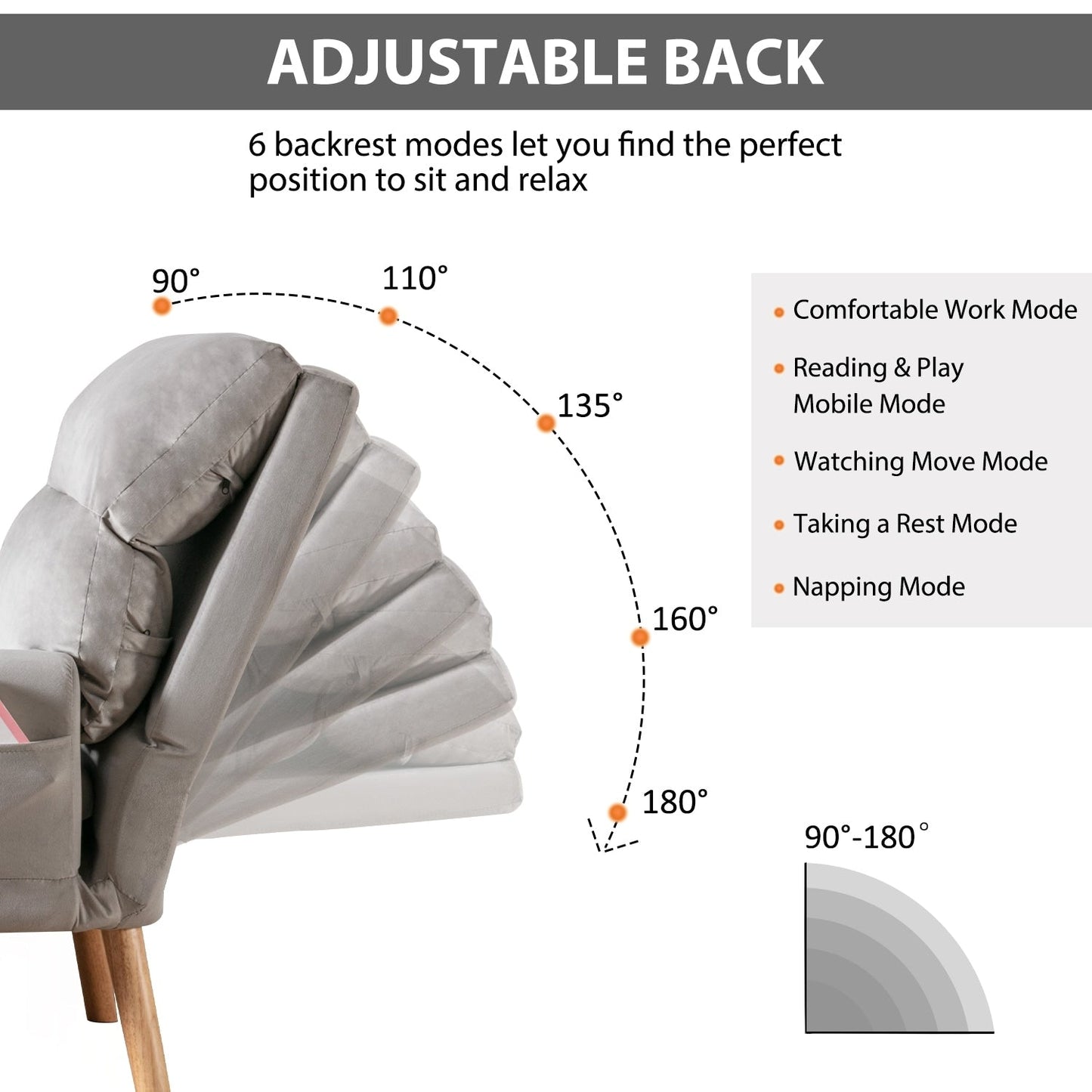 Fauteuil de salon décontracté en tissu doux avec dossier et pieds réglables