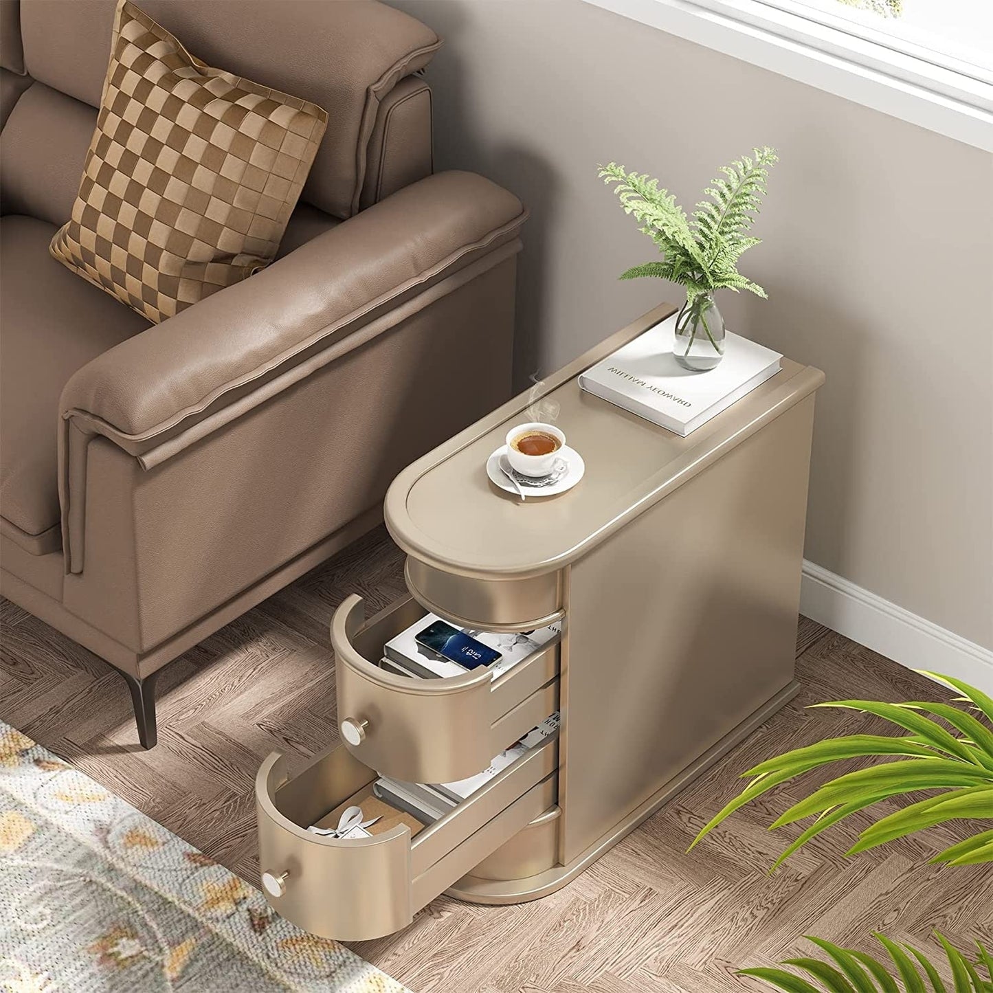 Table d'appoint étroite à deux tiroirs en bois massif