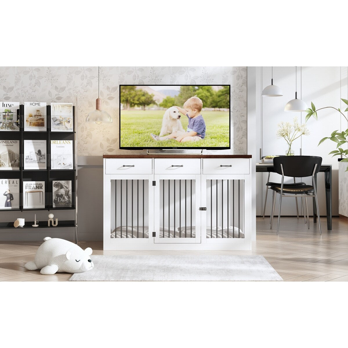 Élégant meuble en bois pour cage à chien avec rangement, 3 tiroirs