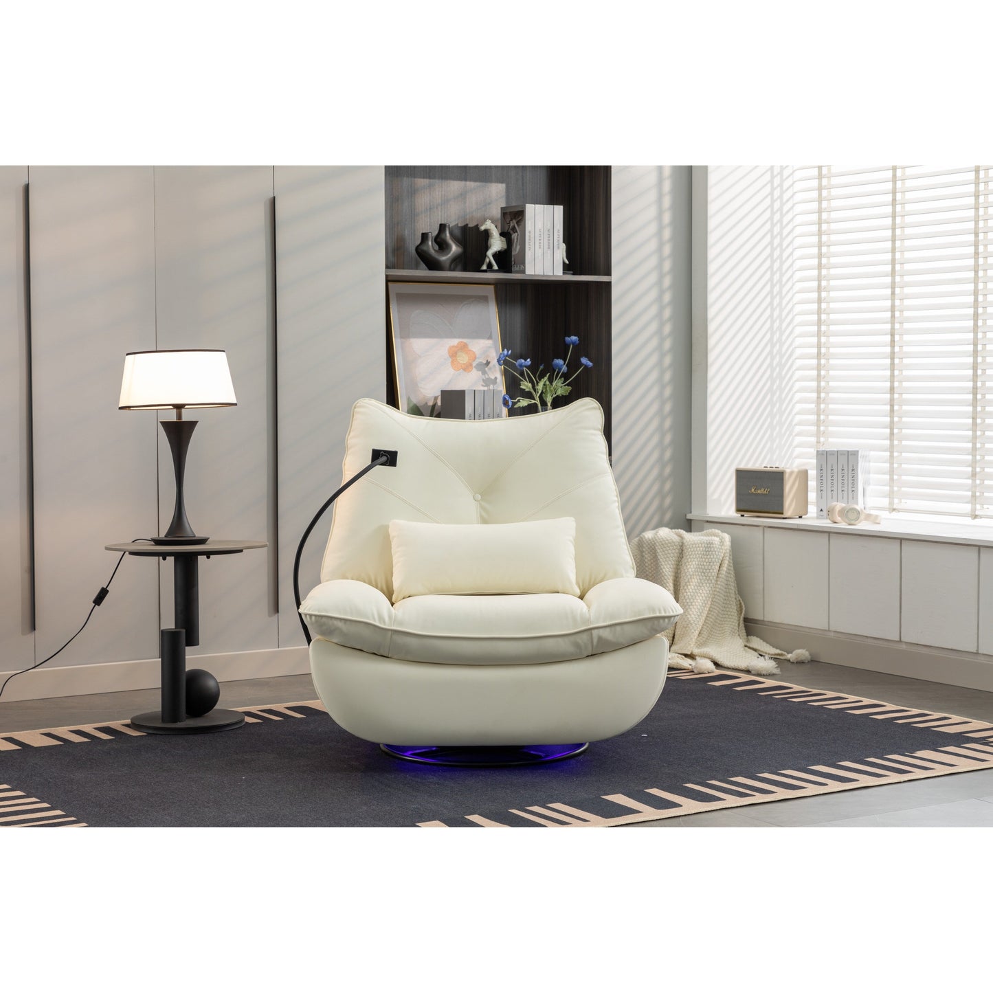 Fauteuil inclinable pivotant et électrique avec haut-parleurs Bluetooth, support de téléphone, ports de chargement USB et Type-C, rangement dissimulé des accoudoirs
