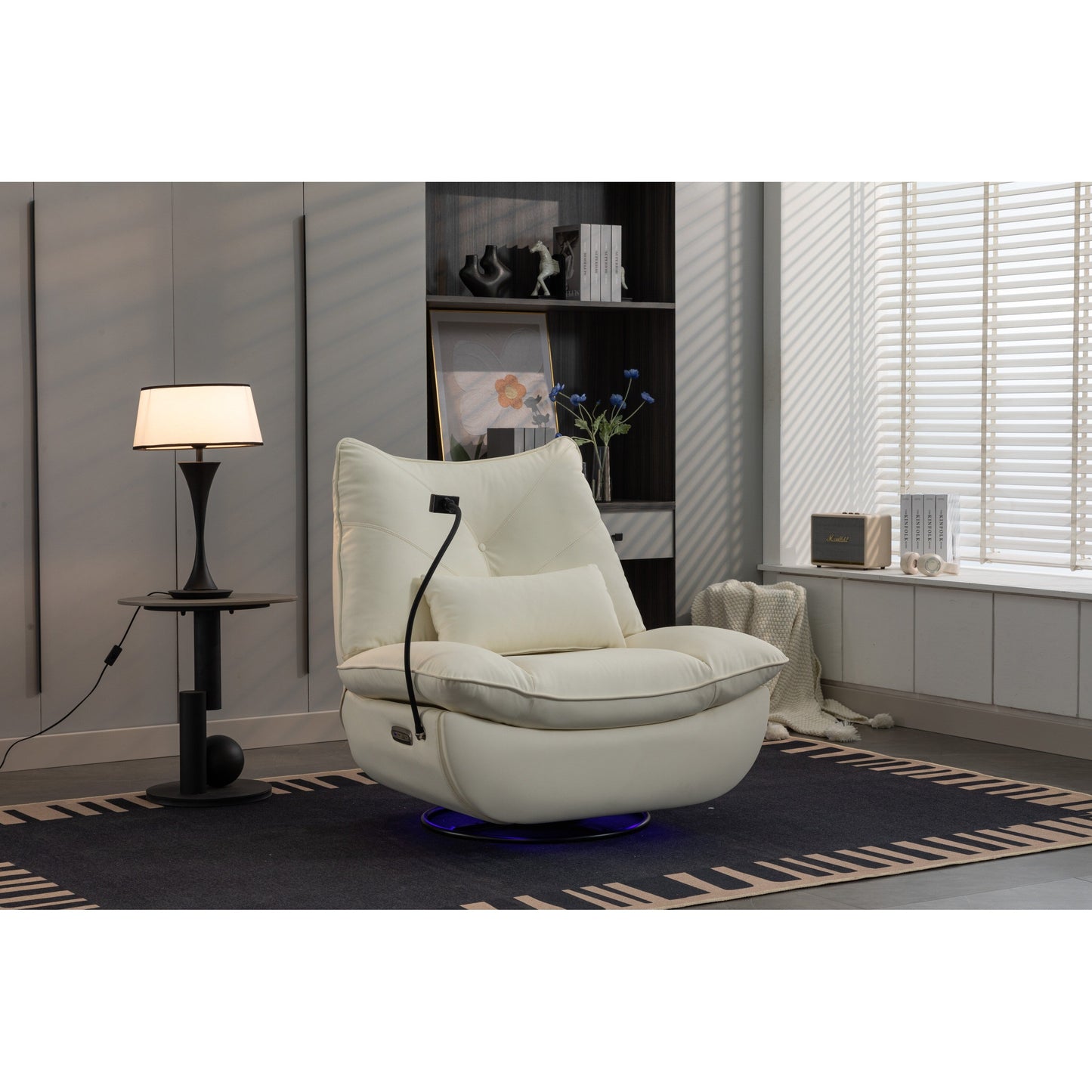 Fauteuil inclinable pivotant et électrique avec haut-parleurs Bluetooth, support de téléphone, ports de chargement USB et Type-C, rangement dissimulé des accoudoirs