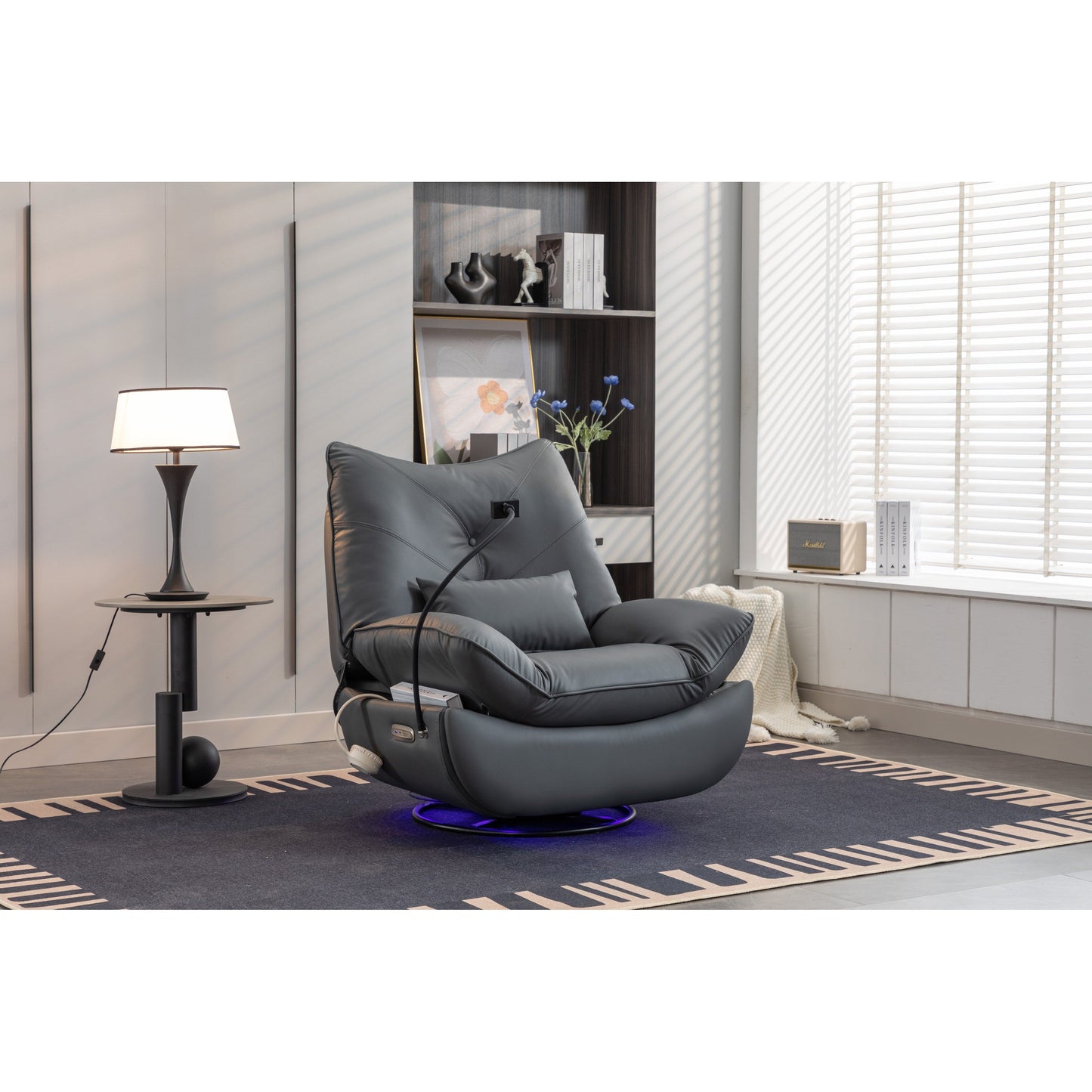 Fauteuil inclinable pivotant et électrique avec haut-parleurs Bluetooth, support de téléphone, ports de chargement USB et Type-C, rangement dissimulé des accoudoirs
