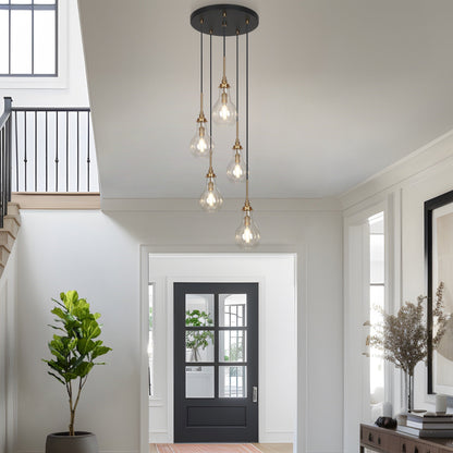 Synia Lustre moderne à 5 lumières en forme de larme en verre pour escalier, entrée, haut plafond - 38,1 cm x 46,2 à 189,9 cm