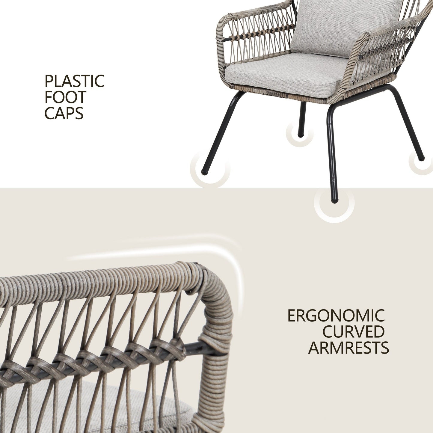 Ensemble de bistrot d'extérieur 3 pièces en osier, mobilier de jardin en rotin toutes saisons, chaises de patio avec coussins