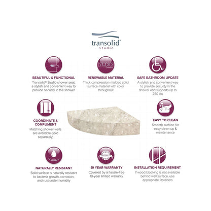 Siège de douche d'angle mural en surface solide Transolid Studio 14 po x 14 po - 14,5 x 14,25 x 3