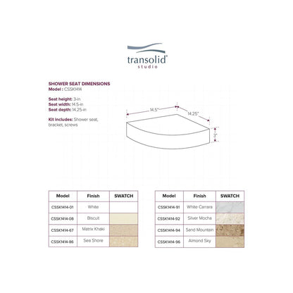 Siège de douche d'angle mural en surface solide Transolid Studio 14 po x 14 po - 14,5 x 14,25 x 3