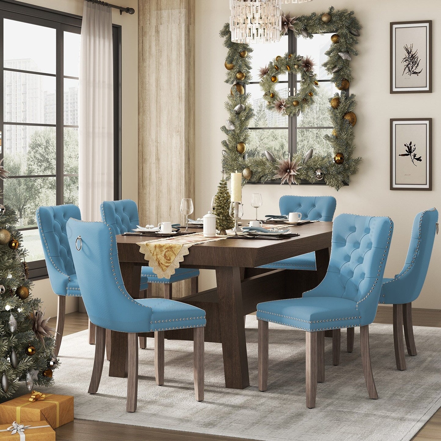 Chaise de salle à manger capitonnée en velours avec pieds en bois massif, lot de 6