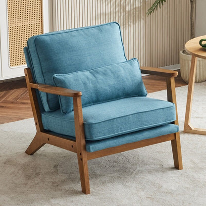Fauteuil d'appoint rembourré en lin mélangé avec pieds en bois et un coussin beige