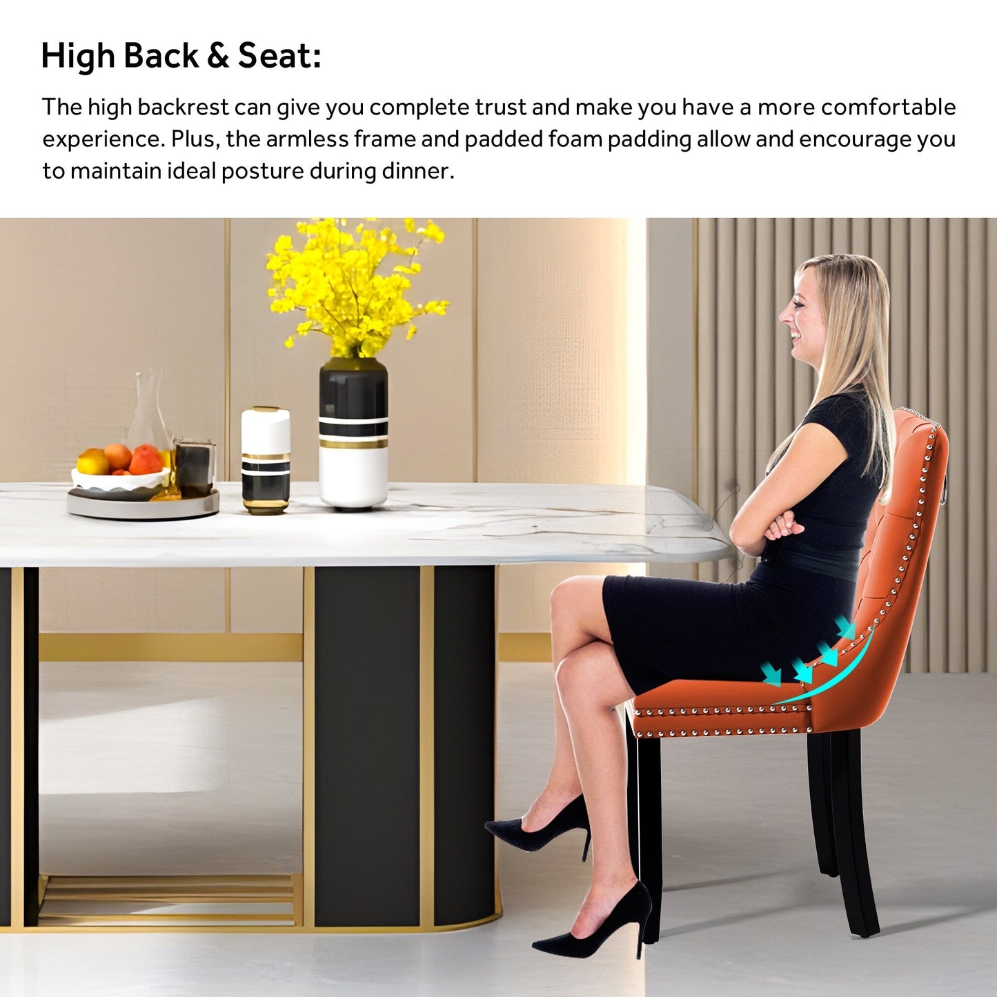 Chaise de salle à manger capitonnée en velours avec pieds en bois massif, lot de 6