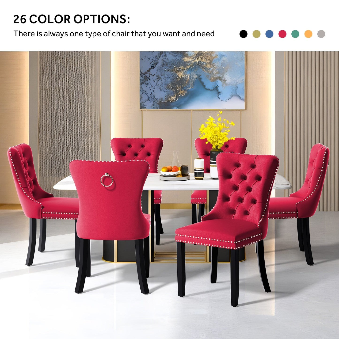 Chaise de salle à manger capitonnée en velours avec pieds en bois massif, lot de 6