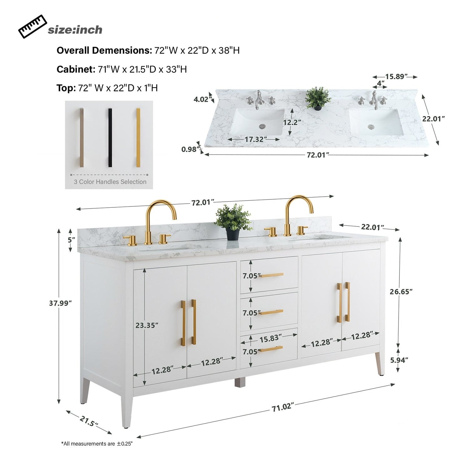 Meuble-lavabo double vasque Vanity Art 72 avec plateau en marbre reconstitué