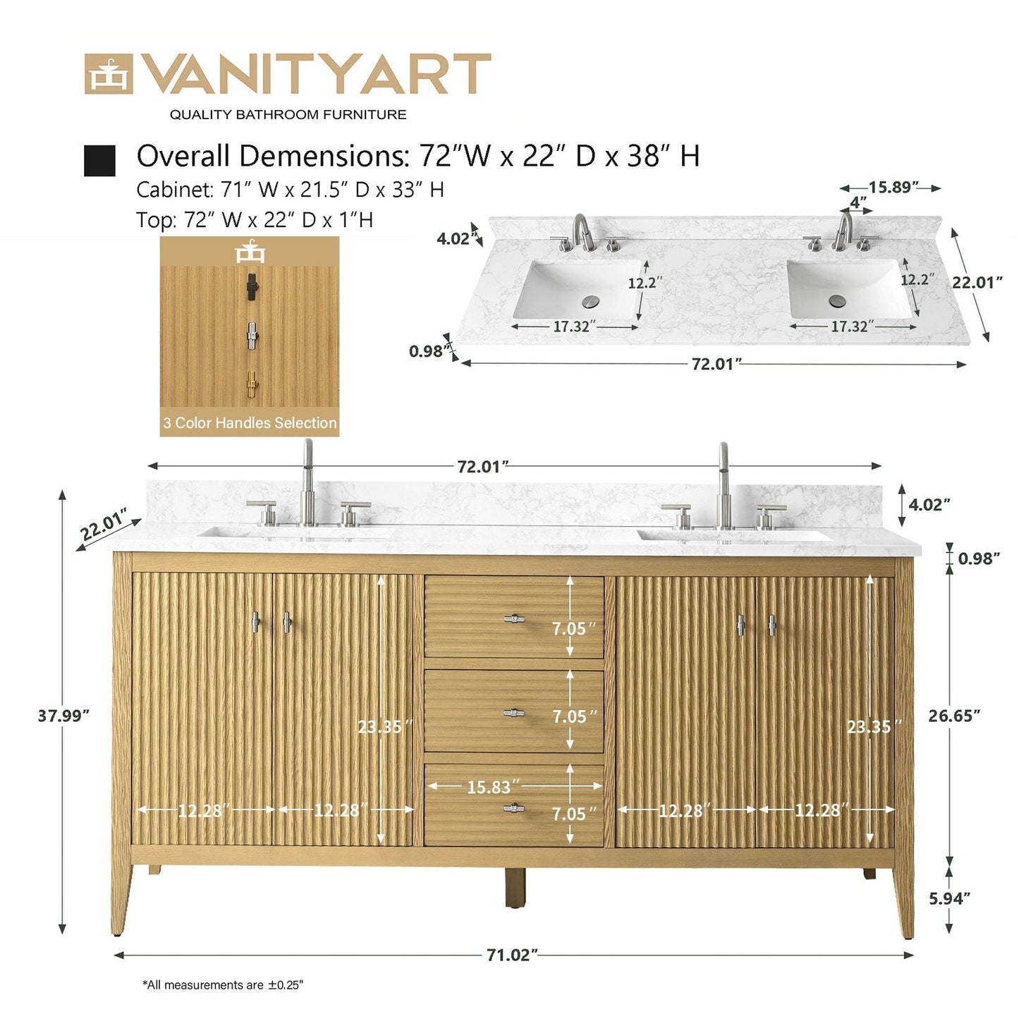 Meuble-lavabo double vasque Vanity Art 72 avec plateau en marbre reconstitué