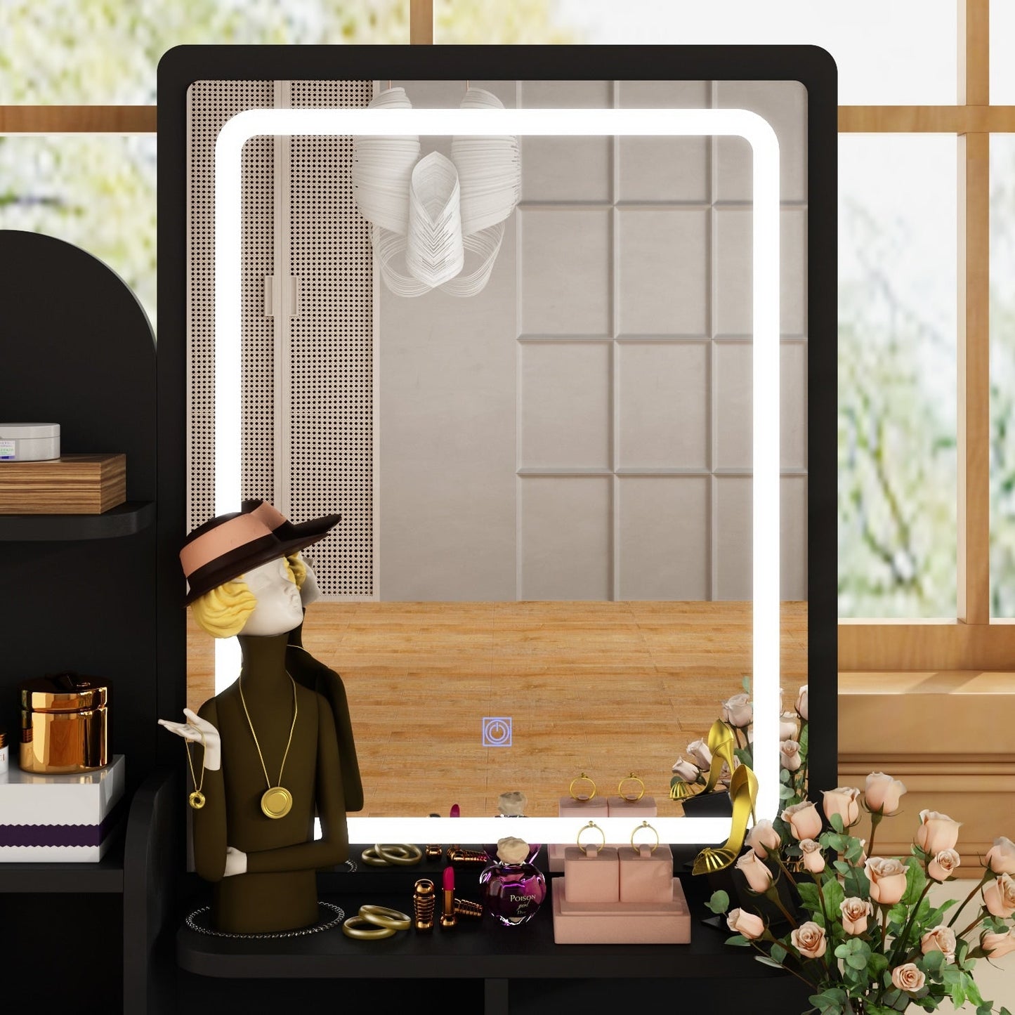 Ensemble de coiffeuse avec miroir et lampe, coiffeuse de maquillage avec tabouret