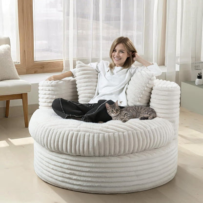 WOWMAX 47 Chaise longue ronde d'intérieur, canapé de sol rembourré en velours côtelé, fauteuil-lit surdimensionné avec 2 coussins décoratifs