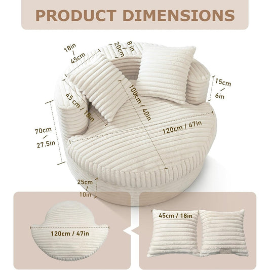 WOWMAX 47 Chaise longue ronde d'intérieur, canapé de sol rembourré en velours côtelé, fauteuil-lit surdimensionné avec 2 coussins décoratifs