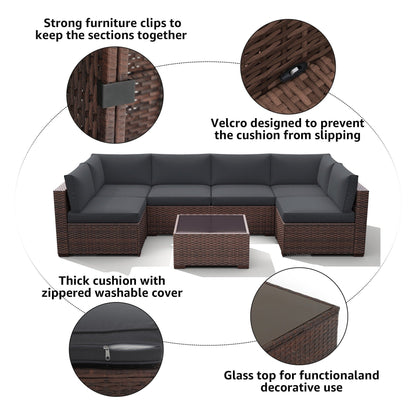 Ensemble de canapés d'extérieur sectionnels rembourrés en osier et acier, 7 pièces