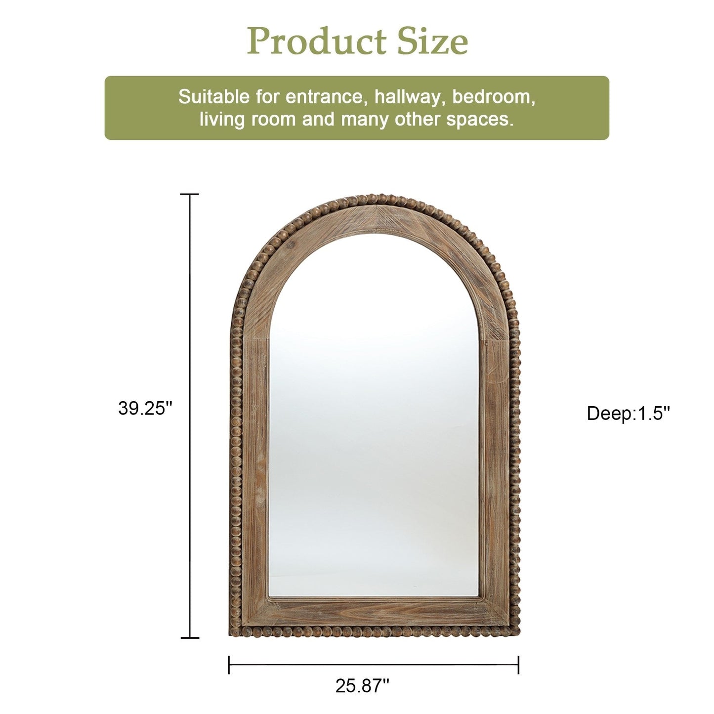 Miroir mural en arc avec cadre en bois, miroir mural de salle de bain - 39,25 H x 25,87 L x 1,5 P